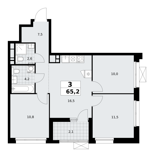 3-комнатная квартира №58К-7.1.4-639, 65,2 м² за 17,15 млн руб. в ЖК «Прокшино» - планировка