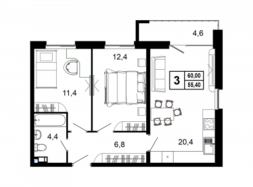 3-комнатная, квартира, 58.9 м²