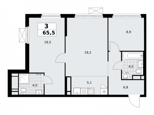 3-комнатная, 65.5 м²