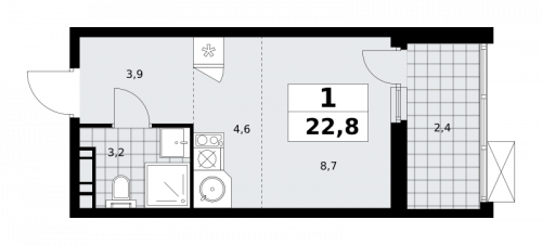 1-комнатная, 22.8 м²
