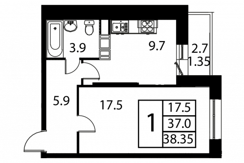 1-комнатная, квартира, 38.35 м²