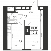 1-комнатная квартира 40,1 м²