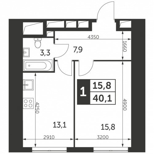 1-комнатная, квартира, 40.1 м²