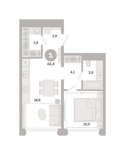 1-комнатная, квартира, 44.4 м²