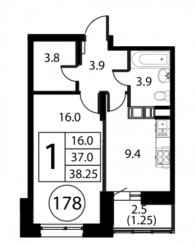 1-комнатная, квартира, 38.25 м²