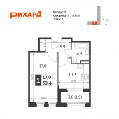 1-комнатная квартира 39,4 м²