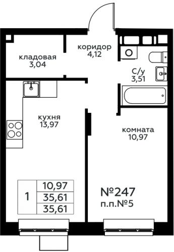 1-комнатная, 35.61 м²