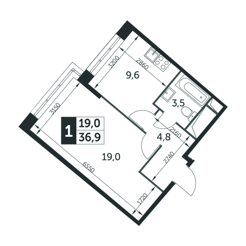 1-комнатная, квартира, 36.9 м²