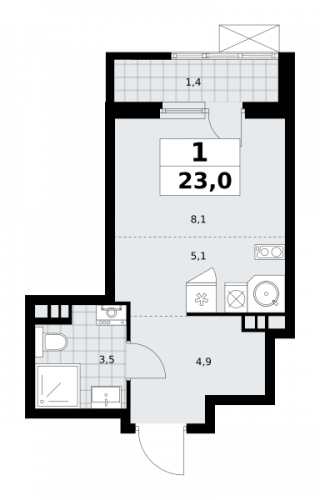 1-комнатная, 23 м²