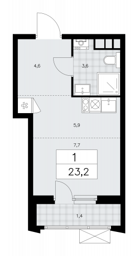 1-комнатная, 23.2 м²