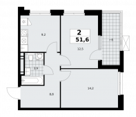 2-комнатная квартира 51,6 м²