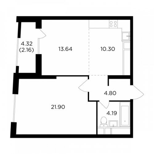 2-комнатная, 56.99 м²