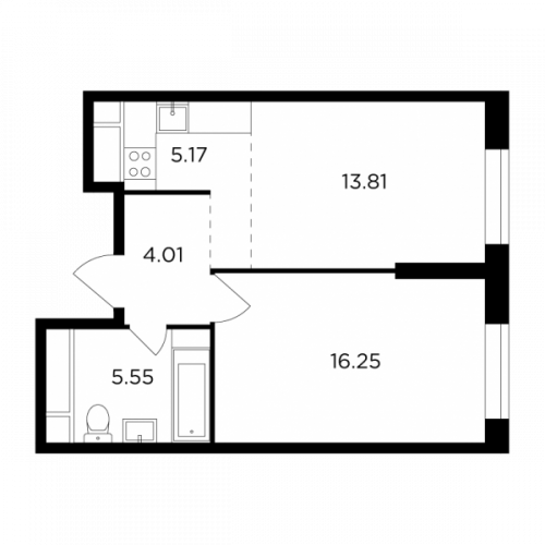 2-комнатная, 44.79 м²