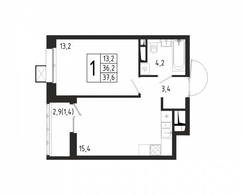 1-комнатная, квартира, 37.6 м²