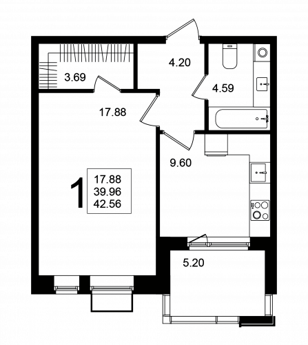 1-комнатная, квартира, 42.56 м²