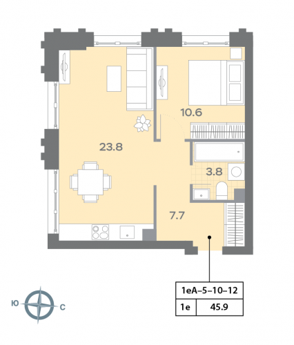 1-комнатная, квартира, 45.8 м²