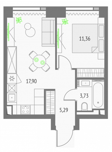 1-комнатная, квартира, 38.28 м²