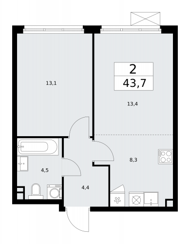 2-комнатная, 43.7 м²