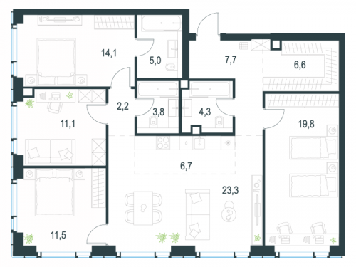 Многокомнатная, 116.1 м²
