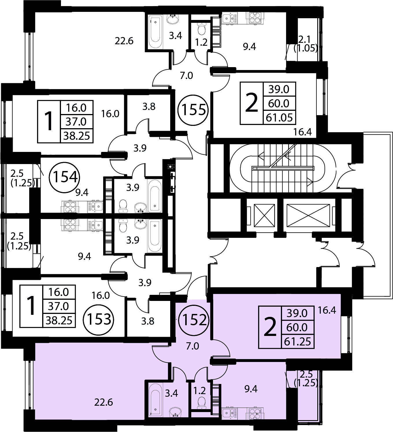 2-комнатная квартира №152, 61,3 м² за 8,70 млн руб. в ЖК «Космос» - планировка
