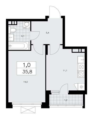 1-комнатная, 35.8 м²