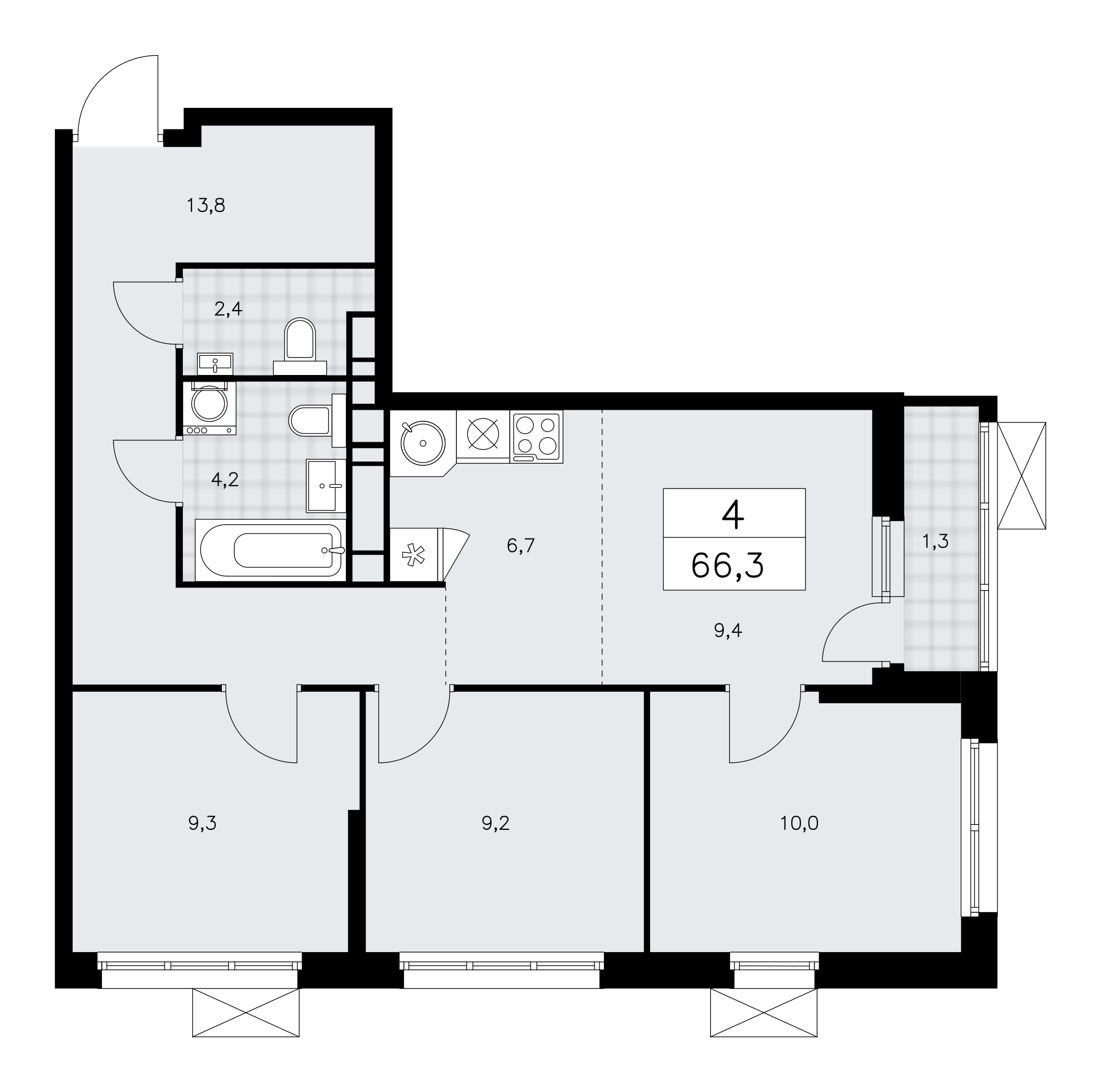 4-комнатная квартира №24К-37.2.2-299, 66,3 м² за 17,15 млн руб. в ЖК «Скандинавия» - планировка