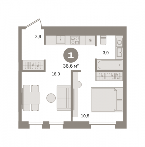 1-комнатная, квартира, 36.6 м²