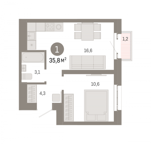 1-комнатная, квартира, 35.8 м²