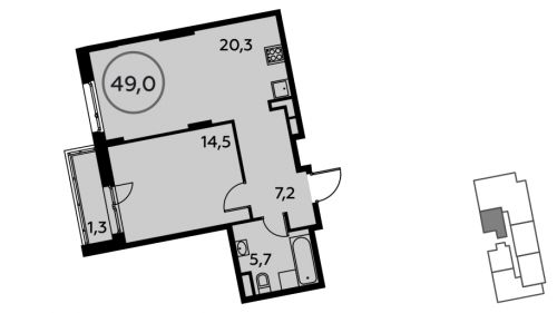 1-комнатная, 49 м²