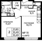 2-комнатная квартира 35,49 м²