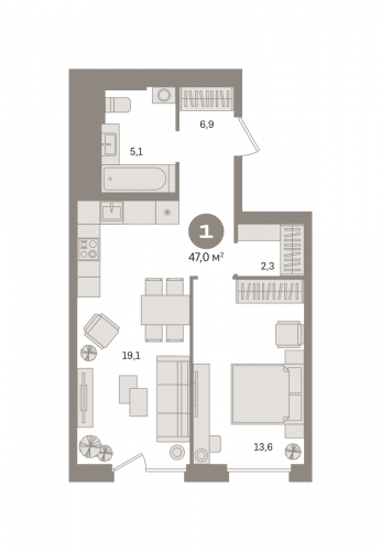 1-комнатная, квартира, 46.99 м²