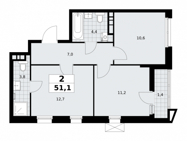 2 комнаты до 51.1