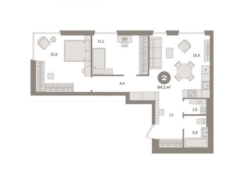 2-комнатная, квартира, 64.05 м²