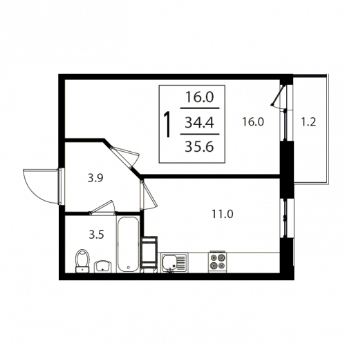 1-комнатная, квартира, 35.6 м²