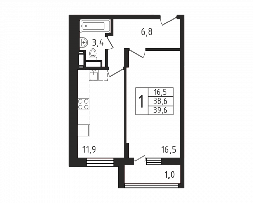 1-комнатная, квартира, 39.6 м²