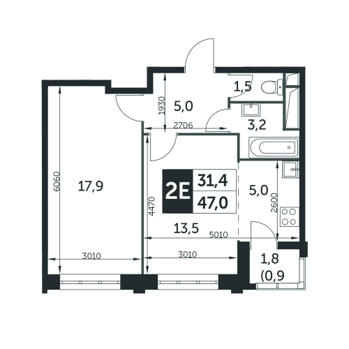 2-комнатная, квартира, 47 м²