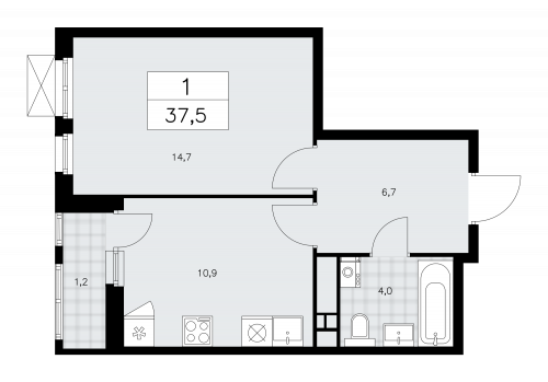 1-комнатная, 37.5 м²