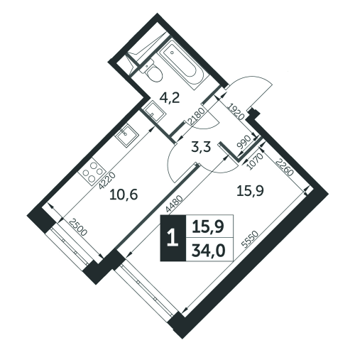 1-комнатная, квартира, 34 м²
