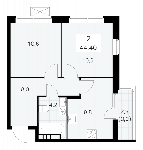 2-комнатная, 44.4 м²