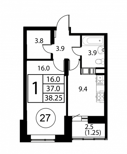 1-комнатная, квартира, 38.25 м²