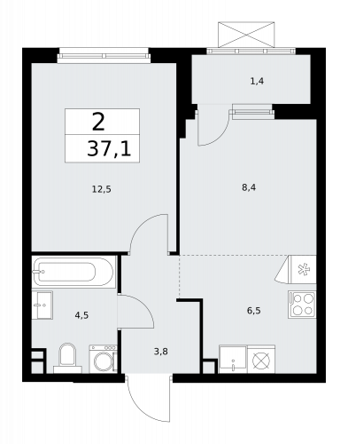 2-комнатная, 37.1 м²