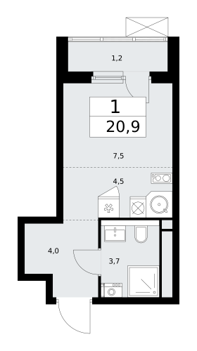 1-комнатная, 20.9 м²