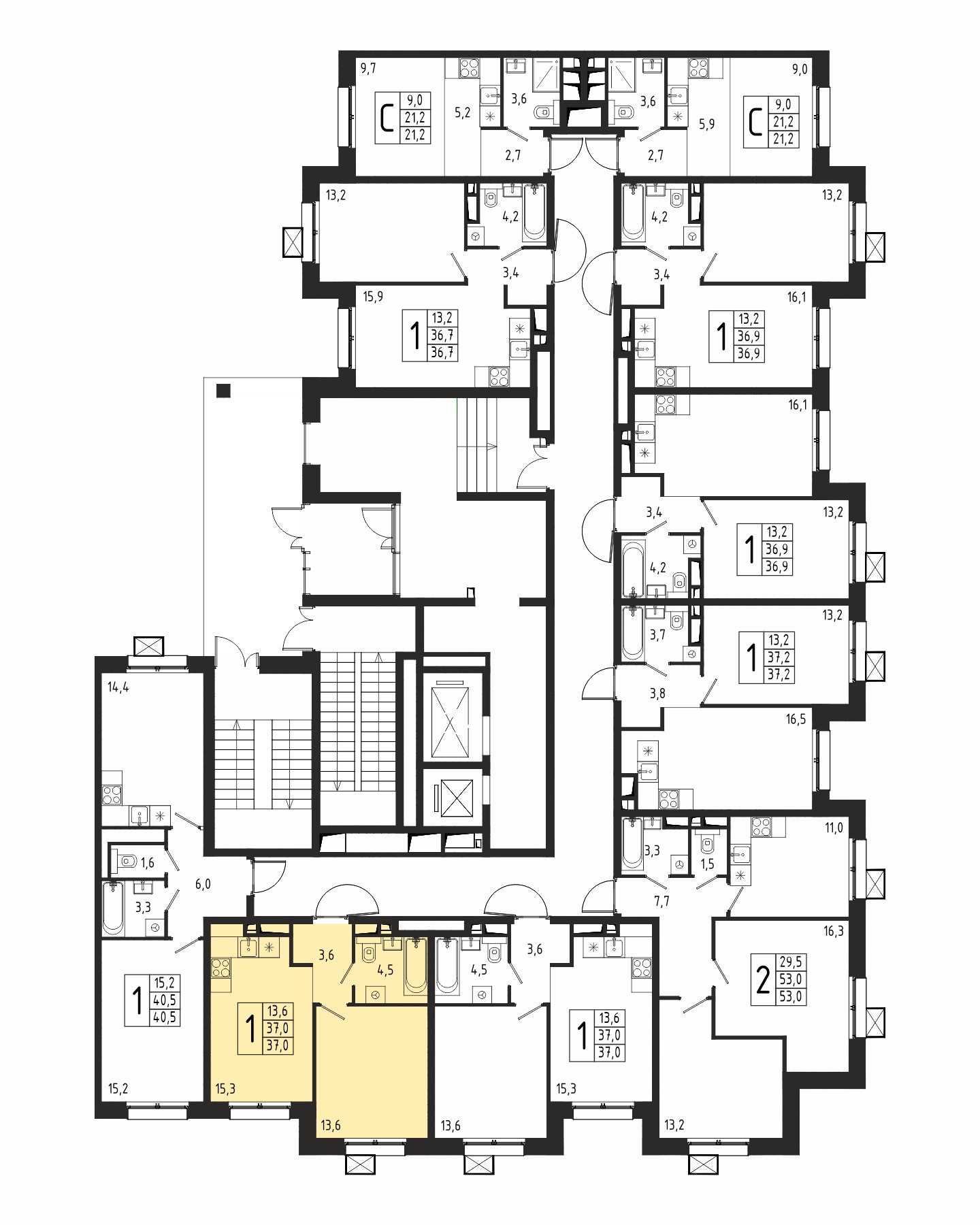1-комнатная квартира №128, 37,0 м² за 6,22 млн руб. в ЖК «Берег» 2 очередь - планировка