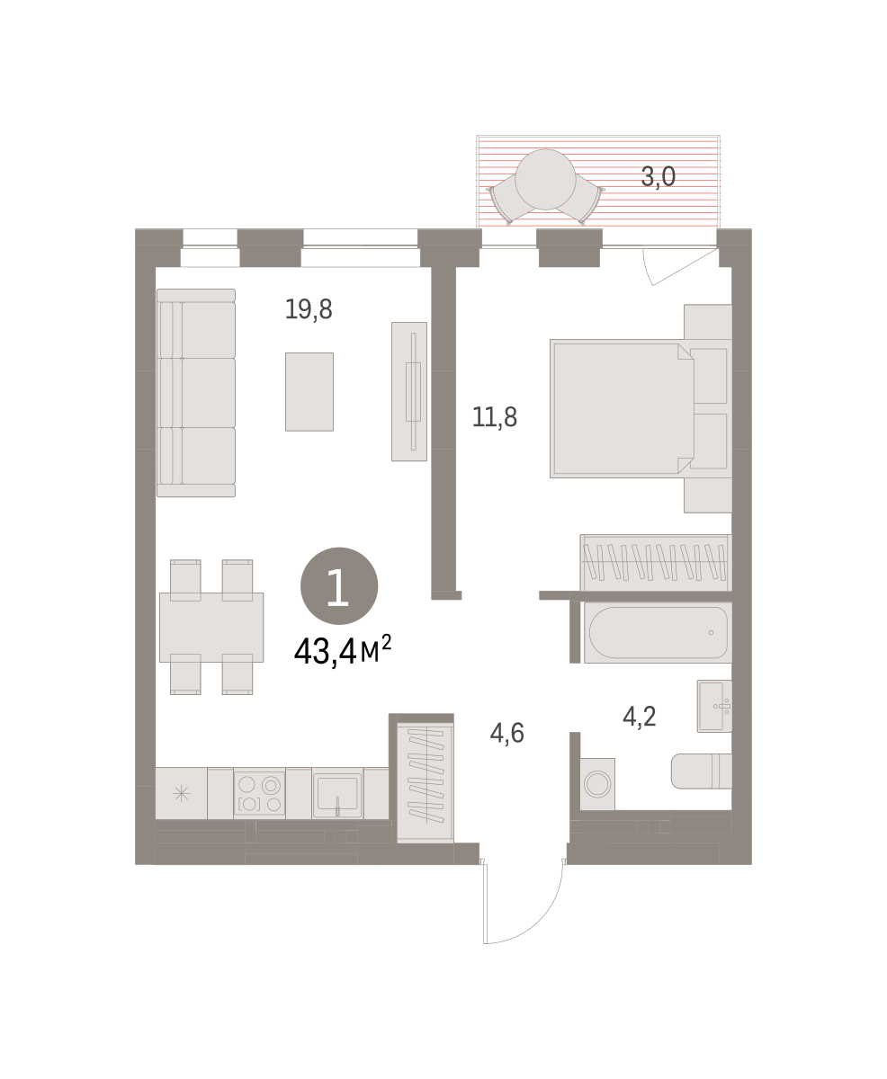 1-комнатная квартира №61, 43,3 м² за 8,10 млн руб. в ЖК «Первый квартал» - планировка