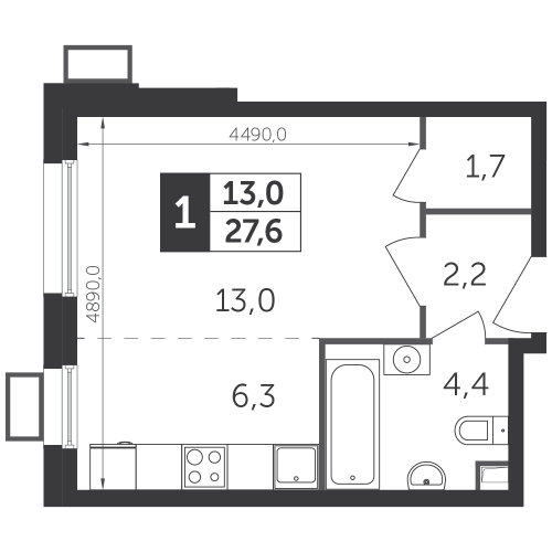 Студия, 27.5 м²
