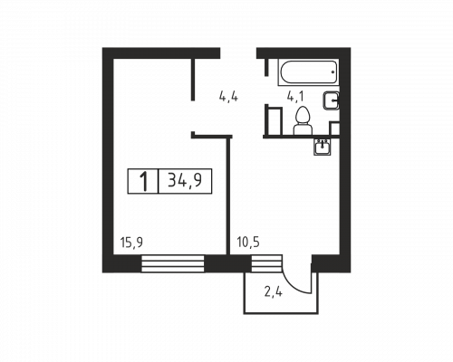 1-комнатная, 34.9 м²