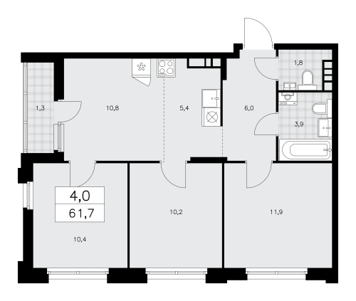 Многокомнатная, 61.7 м²