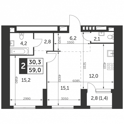 2-комнатная, квартира, 59 м²