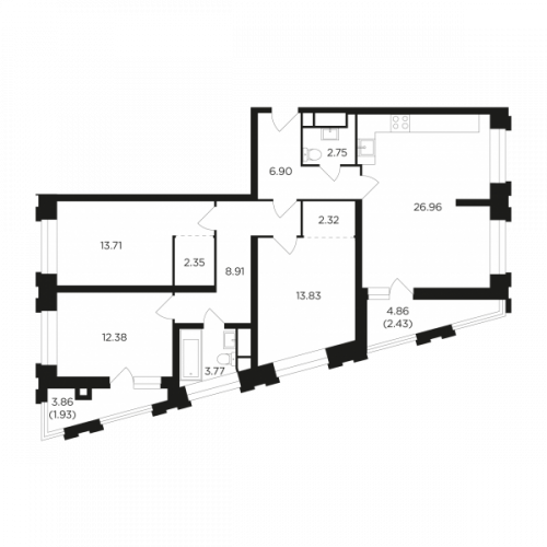 3-комнатная, 98.23 м²