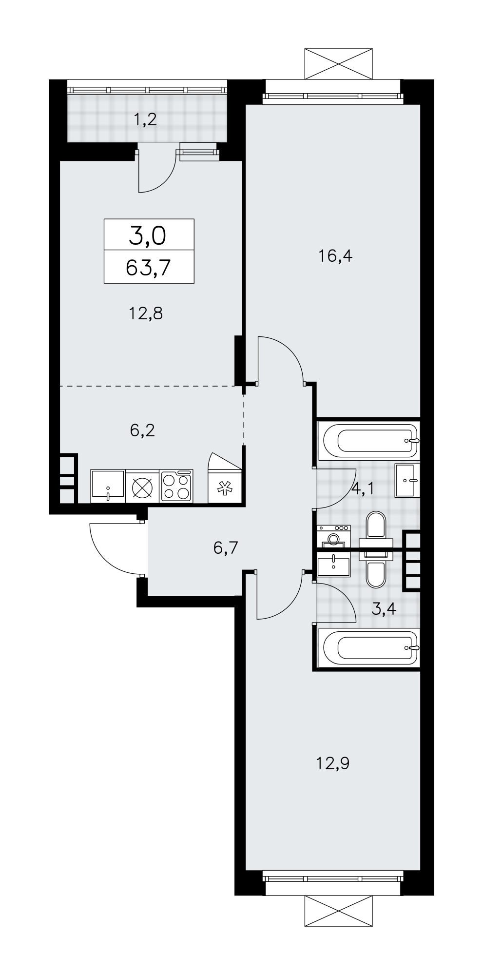 3-комнатная квартира №58К-10.1.4-852, 63,7 м² за 18,96 млн руб. в ЖК «Прокшино» - планировка